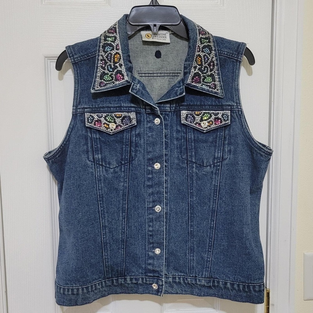 Christine Alexander Denim Vest Rhinestone Embellished Blue Cotton Medium Vintage